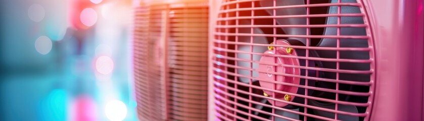 A vibrant close-up of a pink electric fan, showcasing its modern design and intricate grille, perfect for summer cooling.