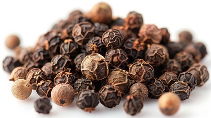 Obraz premium Mound of black peppercorns on a white surface, showcasing their rich tones and natural texture, perfect for adding flavor to dishes