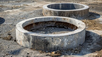Fototapeta premium Reinforced concrete rings available for well and sewer Concrete construction materials space for copy