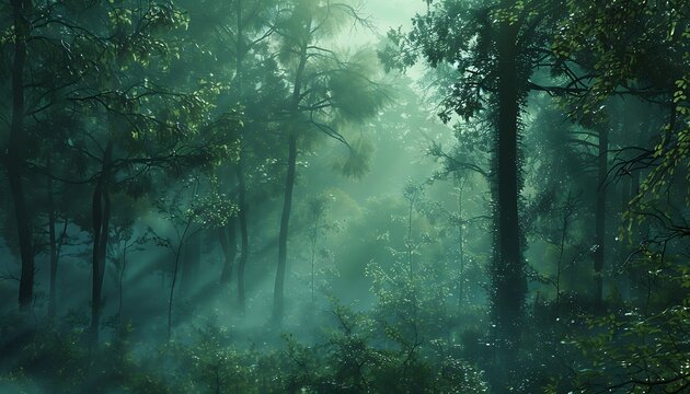Lush forest greens transitioning into ethereal misty blues, capturing the essence of a tranquil woodland.