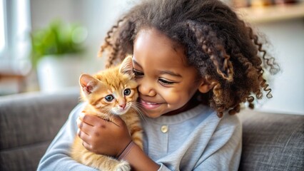 Adorable little curly-haired African American girl gently cradles a small yellow kitten on her lap, exuding warmth and affection in a cozy atmosphere.