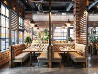 Fototapeta premium Contemporary Restaurant Cafe Interior with Modern Decor and Cozy Ambiance