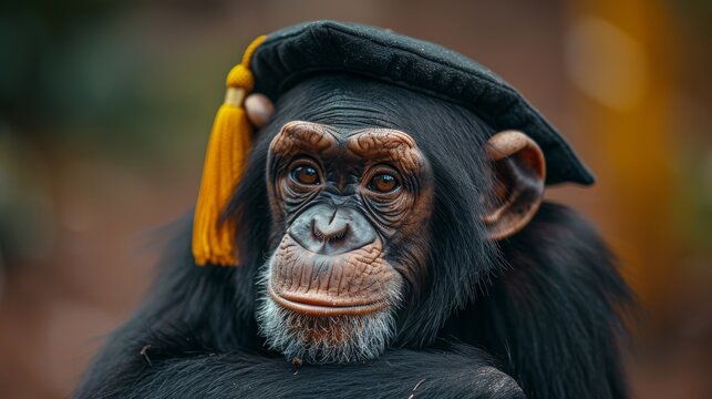 Chimpanzee is wearing a graduation hat with a thoughtful expression in a close up portrait