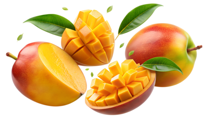 Mango with slices falling or floating in the air with green leaves, isolated on a transparent background.