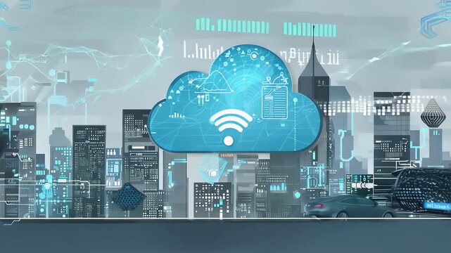 cityscape with a car driving down a street. Social network town. The city is full of tall buildings and has a cloudy sky. Scene is urban and somewhat gloomy, modern, connect, smart city