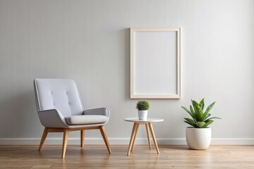 Minimalist room decor setup featuring a white empty frame on the wall above a retro chair and small side table with a small potted succulent plant.