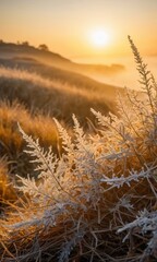 Fototapeta premium Frozen Grass at Sunset.
