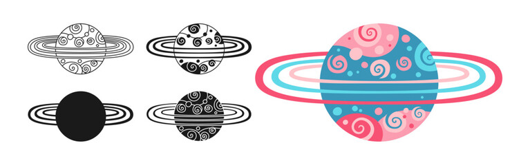 Fantasy Planet cartoon set for children. Fantastic cosmos sign, silhouette, icon linear design. Abstract fantastic doodle galaxy comic planet symbol. Vector celestial space sphere for website app
