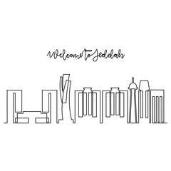 One continuous line drawing of Jeddah skyline vector illustration. Modern city in Saudi Arabia in simple linear style vector design concept. Big city in Saudi Arabia. Iconic architectural building