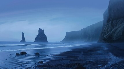 A beautiful beach scene with a large body of water and a rocky shoreline