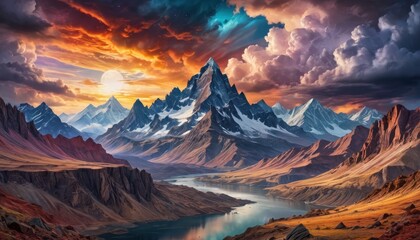 Naklejka premium Majestic Mountain Range with Dramatic Clouds and Sunset.