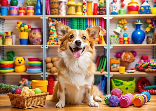 Colourful pet shop interior with joyful dog surrounded by animal accessories, toys, and treats, wagging its tail amidst a vibrant display of pet supplies.