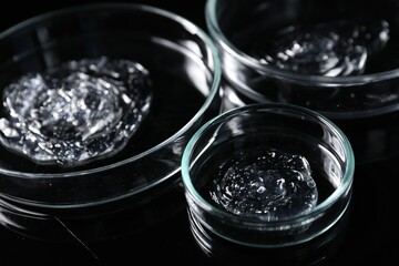 Petri dishes with samples on black mirror surface