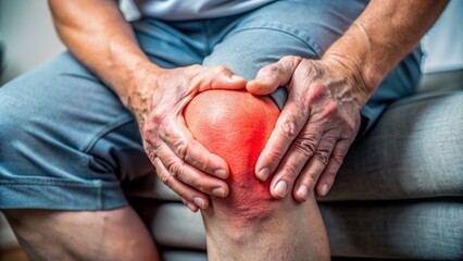 Close-up of a painful knee with hand gently touching the swollen joint, conveying struggle with osteoarthritis, injury, or wear and tear.
