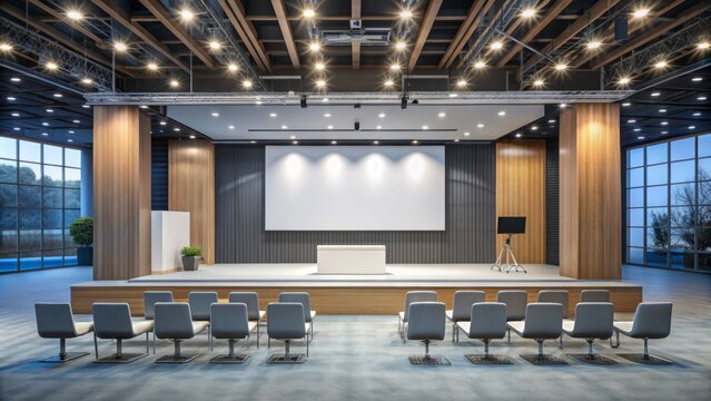 Emptied conference stage with large projection screen, presentation board, and blank whiteboard, offering ample space for creative design and advertisement display.