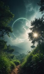 Fototapeta premium Mystical Forest Path with Glowing Ring and Sunburst.