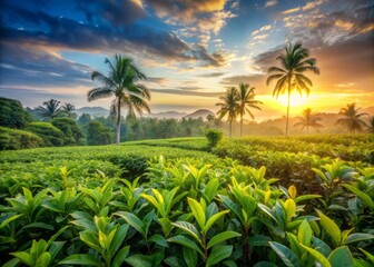 Vibrant green foliage of a lush plantation stretches towards the horizon, illuminated by soft golden light of sunrise, against a serene natural background.
