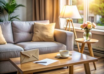 Obraz premium A beautifully decorated living room with a sofa, lamp, and coffee table, featuring an unopened envelope and a happy, crumpled up letter with a joyful atmosphere.
