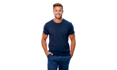Portrait of a handsome guy wearing blue T-shirt with casual pose, studio photo, isolated on transparent background