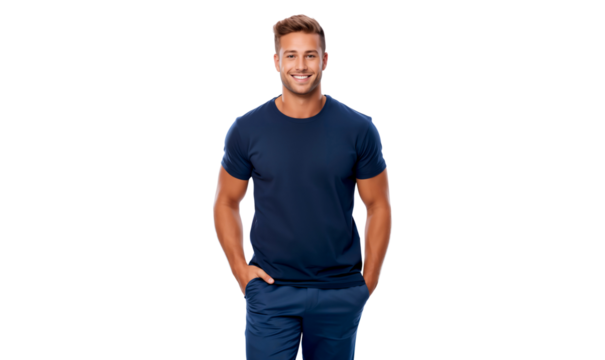 Portrait of a handsome guy wearing blue T-shirt with casual pose, studio photo, isolated on transparent background