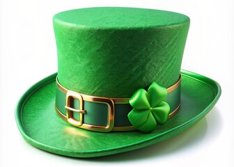 Vibrant green leprechaun-style top hat adorned with shiny gold buckle and embossed shamrocks, perfect for celebrating St. Patrick's Day festivities and Irish heritage.