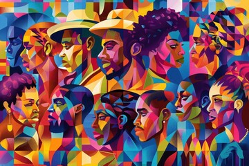 colorful illustration honoring black history month diverse african american figures from various fields overlap in artistic composition vibrant palette with cultural motifs