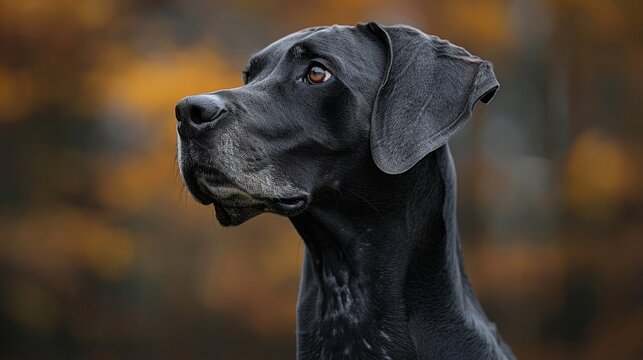 Black german shorthaired pointer dog with attentive expression, posing in nature with a blurred autumn background