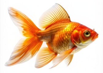Obraz premium Isolated orange goldfish with vibrant scales and fins swims alone against a plain white background, showcasing its beauty and vibrant colors in high contrast.