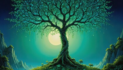 Fototapeta premium Enchanting Moonlit Tree with Mystical Glow.