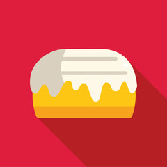 Donut with white icing dripping down the sides on a red background