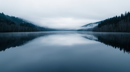 Fototapeta premium Serene lake surrounded by a misty morning haze, water reflecting the cloudy sky, silhouettes of trees and distant mountains barely visible