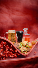 Hyperlipidemia or arteriosclerosis. Blocked artery concept and human blood vessel as a disease with cholesterol fat . Clogged arteries, Cholesterol plaque. Fast food, junk food. 3d rendering