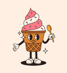 Retro style cartoon ice cream character. Flat vector illustration.