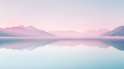 Fototapeta premium Tranquil lake surrounded by misty mountains, gentle fog rolling over the water, serene and quiet, pastel sunrise colors, magical and calming ambiance
