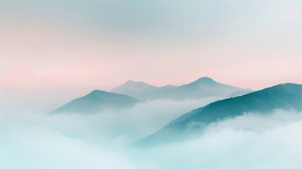 Dreamy mountain landscape with a magical mist rolling through, relaxing twilight light casting a bewitched glow over the scene, creating a peaceful, otherworldly vibe