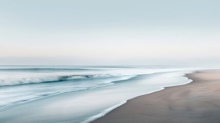 Calm coastal scene with a misty beach at twilight, gentle waves lapping the shore, serene and peaceful with soft, muted tones, magical mist enhancing the tranquility