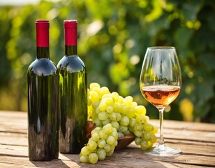 Wine still-life. Bottles of wine, glasses of wine and grapes on wooden table and blurred vineyard at the background.