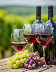 Wine still-life. Bottles of wine, glasses of wine and grapes on wooden table and blurred vineyard at the background.