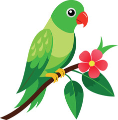A Green vector  Parrot Sitting On Branch With Flower Clean white background 