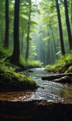 Tranquil Forest Stream with Sun Rays.