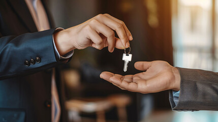 Real estate agent hands over key to customer