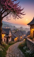 Cobblestone Street in a European Village at Sunset.