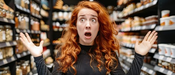 A woman in a grocery store looks surprised. AI.