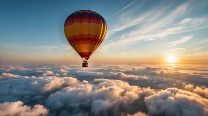 Fototapeta premium A hot air balloon floats above the clouds at sunset. AI.