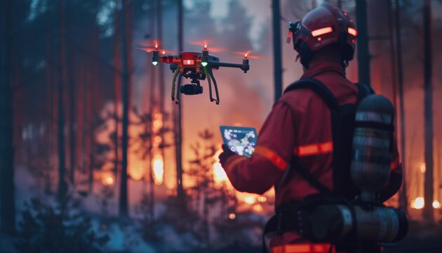 A firefighter uses a drone to assess a forest fire. AI.