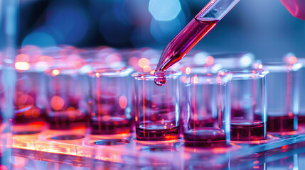 Close up of a biotech test tube with a pipette over a computer screen displaying DNA and biolynk symbols