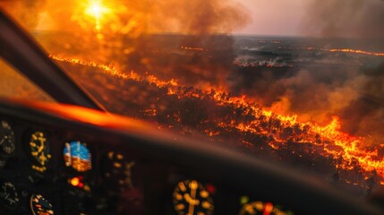 View from a plane cockpit of a wildfire burning across the landscape. AI.