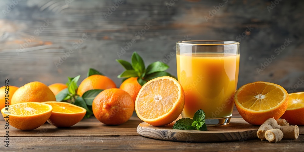 Sticker healthy orange juice oranges and ginger Generative By AI