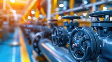Fototapeta premium A row of industrial valves in a factory setting. AI.