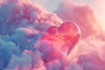 Obraz premium 3d rendered heartshaped speech bubble floating in pink dreamscape soft billowing clouds and gentle light rays romantic and ethereal atmosphere with subtle glitter effect